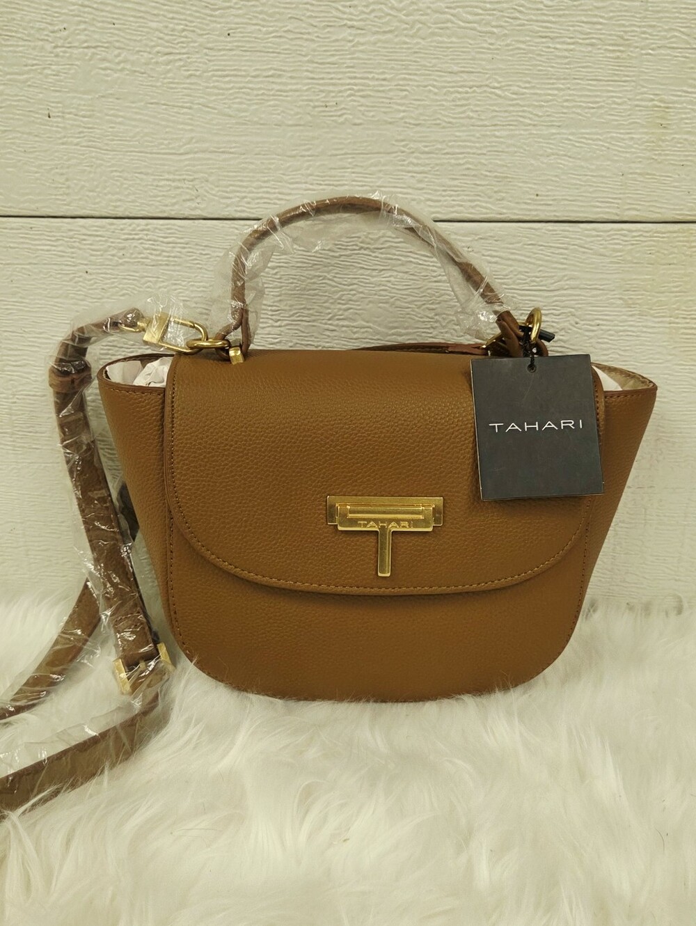 Tahari Caramel Brown Pebbled  Crossbody with Gold Hardware - Picture 2 of 9